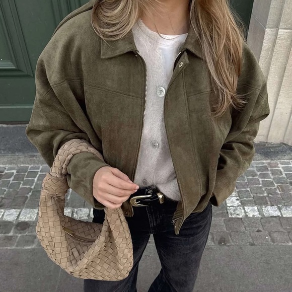 NEW Maven Suede Olive colored Cropped Bomber Jacket - Women size small - Picture 2 of 7